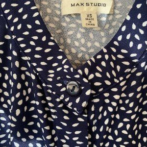 Max Studio XS Maxi Dress Navy with White Dots Elbow length sleeve NWOT